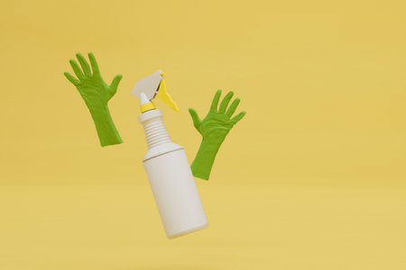 cleaning the house with special detergents. dust removal spray and gloves. 3d rendering.