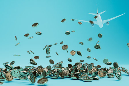 the concept of earning money on air travel. the plane from which the coins of dollars are poured out. 3d rendering.の写真素材