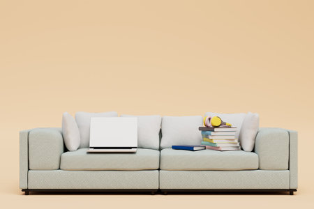 home school concept. laptop, books and headphones on the sofa on a pastel background. 3d rendering.の写真素材