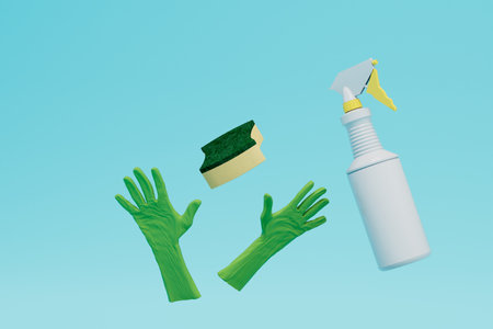 removing dust from surfaces. spray, sponge and rubber gloves on a blue background. 3d rendering.の写真素材