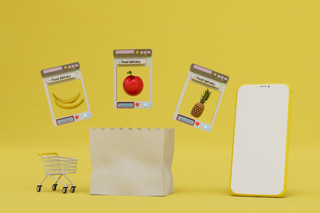 purchase and delivery of frkuts via the Internet. icons with fruits, smartphone, trolley and...
