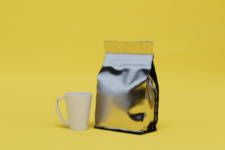 time to drink coffee. a cup next to which is a pack of coffee on a yellow background. 3D rendering.の写真素材