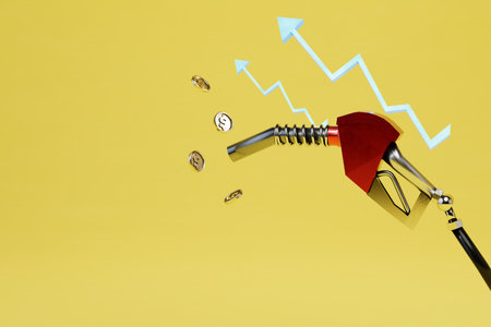 the concept of rising fuel prices. a refueling gun made of which dollars are poured and a chart...