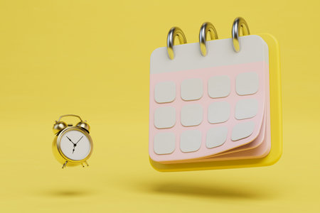 set an alarm clock for a certain day. alarm clock and flip paper calendar on a yellow background. 3D rendering.の写真素材