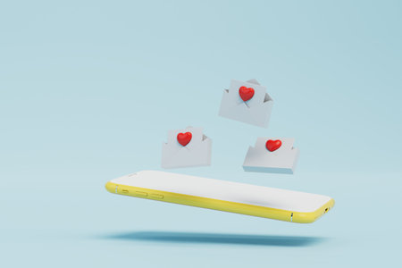 the concept of a declaration of love online. smartphone and new letters with hearts on a blue...