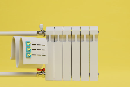 heating bill. Score and batteries on a yellow background. 3D rendering.の写真素材
