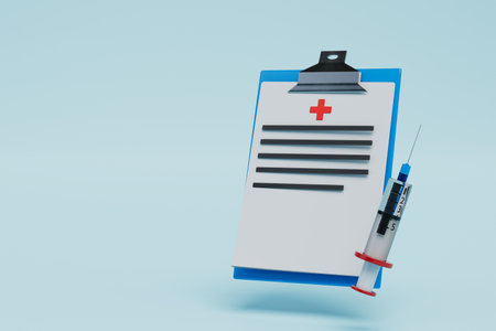 medication prescription sheet. a sheet with prescriptions and a syringe with a medicine on a blue background. 3D rendering.の写真素材