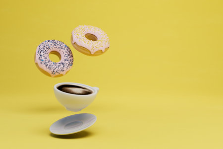 sweet snack. a cup of tea and donuts with multi-colored glaze on a yellow background. copy-paste. 3D rendering.の写真素材