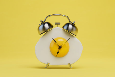 it's time for breakfast. scrambled eggs with an alarm clock on a yellow background. 3D rendering.
