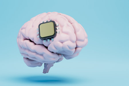 implantation of a microchip in the brain. automated brain functioning. brain with a chip on a blue...