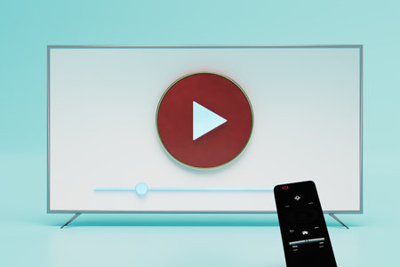 watch videos on smart TV. TV with a play button on the display and a remote control on a blue...