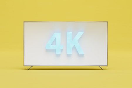 modern technologies. Smart TV on the screen which says 4K highlighted by neon light. 3D rendering.