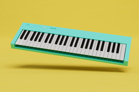playing the synthesizer. turquoise synthesizer on a yellow background. 3D rendering.