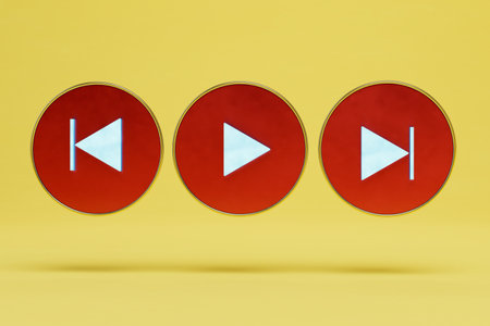 buttons to control watching videos and listening to music. Play and rewind buttons on a yellow background. 3D rendering.の写真素材