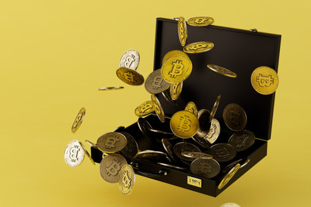storage of cash in the case. open black case with dollar coins on a yellow background. 3D rendering.