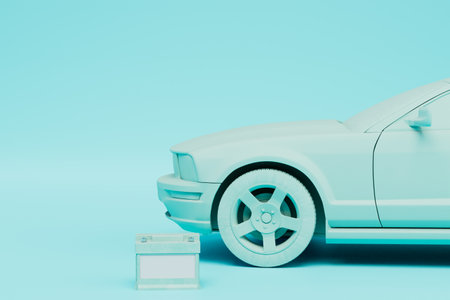 New battery next to the car turquoise color on a blue background. 3D rendering.の写真素材