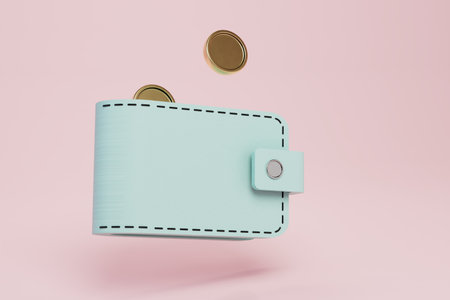 storage of money in the wallet. wallet from which dollar coins are visible on a pastel background. 3D rendering.の写真素材