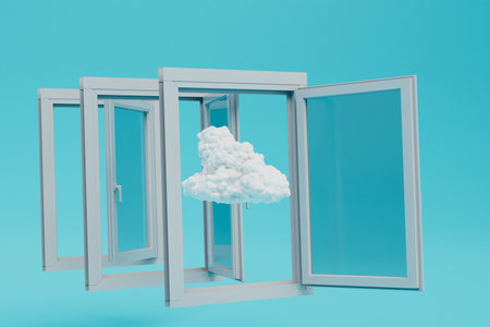 patterns of open plastic windows on a blue background with a white cloud. 3D rendering.