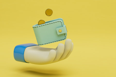 storage of money in the wallet. a hand in which is a wallet with dollar coins on a yellow background. 3D rendering.の写真素材