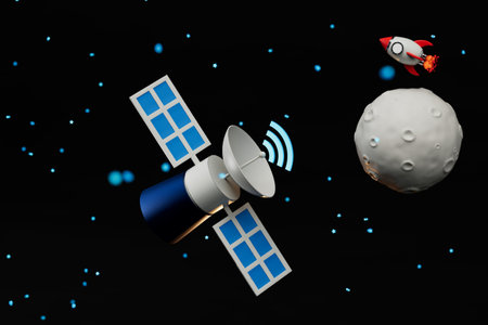 study of the surface of the moon. moon, rocket and space satellite in outer space. 3D rendering.の写真素材
