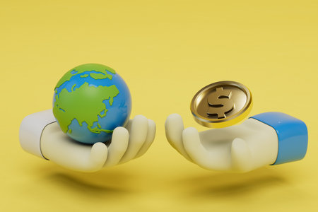 buying the planet's resources for money. the planet and money are in the hands of people. 3D rendering.の写真素材