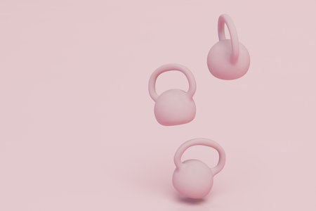 power loads when playing sports. weights of pink color on a pastel background. copy paste, copy space. 3D rendering.の写真素材
