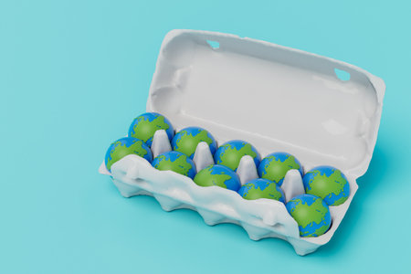 open packaging of chicken eggs in the form of a planet on a blue background. 3D rendering.