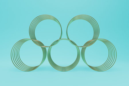 an abstract background on which the patterns of cylinders consisting of golden circles on a blue background. 3D rendering.の写真素材