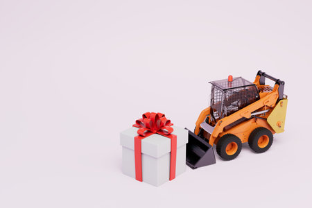 Delivery of a great gift. a bulldozer picking up a large gift box with a red bow. copy paste, copy space. 3D rendering.の写真素材