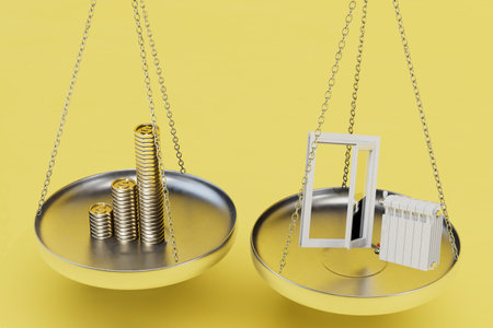 on the scales are dollar coins and windows with btarei on a yellow background. 3D rendering.
