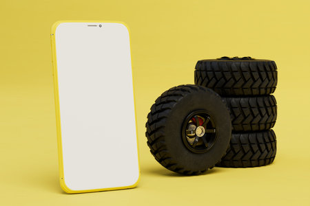 buying wheels for the car online. a smartphone next to which the machine wheels on a yellow background. 3D rendering.の写真素材