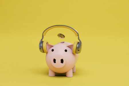 Piggy bank in which a dollar coin falls listens to music in headphones on a yellow background. 3D rendering.の写真素材