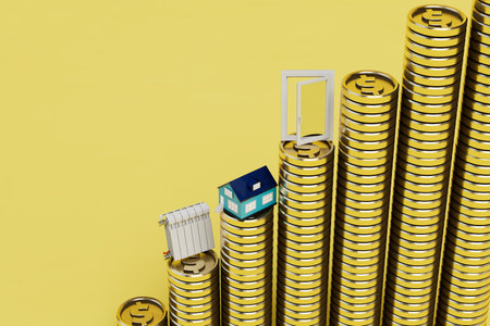 high cost of heating. stacks of dollar coins on which are a house, batteries and a plastic window....