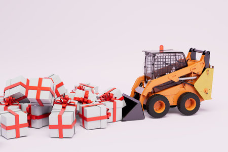 the concept of moving gift boxes. a bulldozer collecting gift boxes on a pastel background. 3D rendering.の写真素材