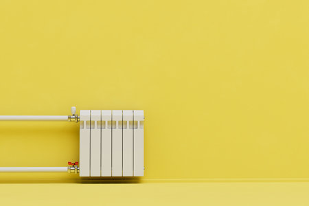 the concept of installing batteries in homes. White battery on a yellow background. copy-paste. 3D rendering.の写真素材