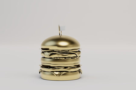 notification of order readiness. a gold-colored burger on top of which is a table bell. 3D rendering.の写真素材