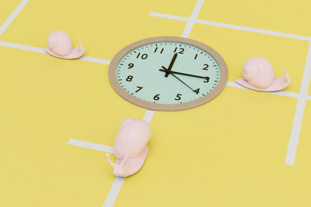 slow progress of work. wall-mounted round clock around which snails crawl on a yellow background. 3D...