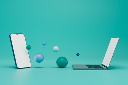 smartphone from which balls fly out in the direction of the laptop on a turquoise background. 3D...