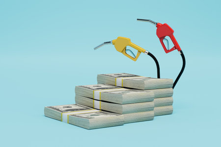 expensive fuel at gas stations. refueling pistols and dollar packers on a blue background. 3D rendering.の写真素材
