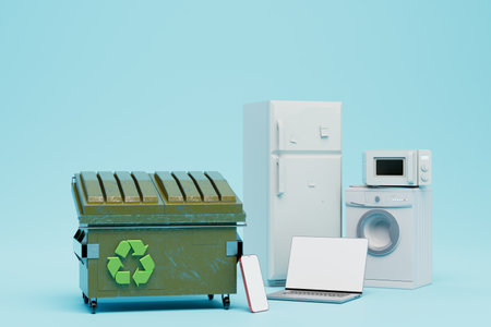recycling of faulty appliances for the home. recycling container and old appliances on a blue...