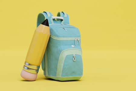 the concept of returning to learning. backpack and pencil on a yellow background. 3D rendering.の写真素材
