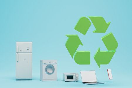 the concept of recycling household appliances. Recycling icon next to household goods on a blue background. 3D rendering.の写真素材
