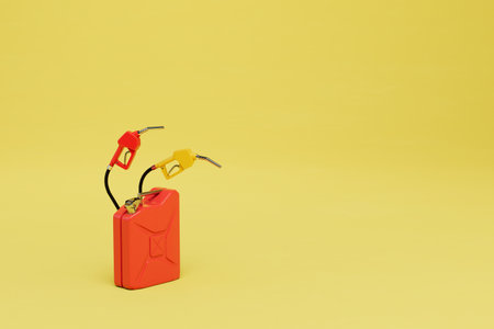 storage of automobile fuel in canisters. canister with refueling pistols on a yellow background. copy-paste. 3D rendering.の写真素材