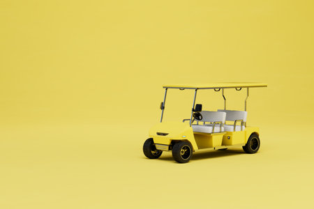 a yellow car to move around the golf course on a yellow background. copy paste, copy space. 3D...