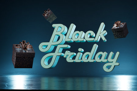 gifts for Black Friday. black Friday writing and gift boxes flying on a blue background. 3D...
