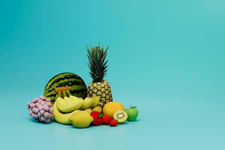 the concept of proper nutrition. many different fruits on a turquoise background. copy paste, copy space. 3D rendering.の写真素材