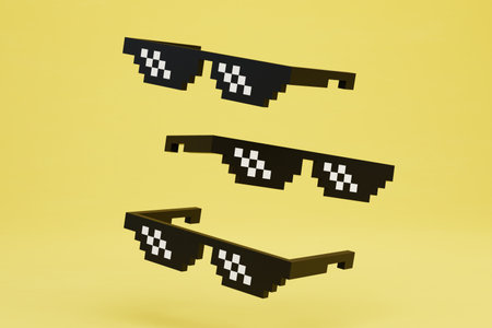 Pixel glasses are black on a yellow background. 3D rendering.