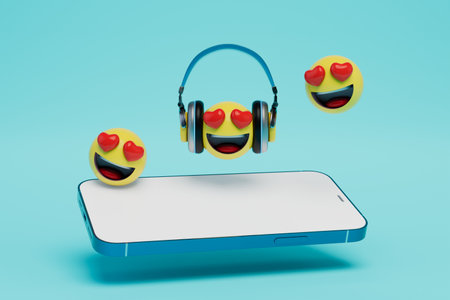 listening to music in headphones on a smartphone. emoticons listening to music. 3D rendering.