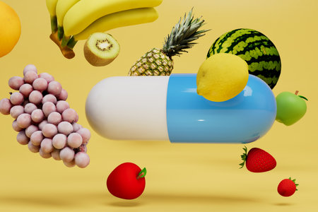 the concept of taking a vitamin complex. a medical capsule around which fruits on a yellow background. 3D rendering.の写真素材