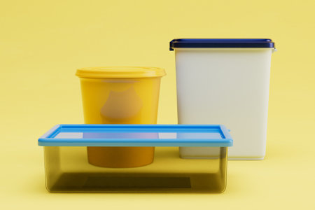 storage of food in the vessels. food plastic vessels of different sizes and shapes on a yellow background. 3D rendering.の写真素材
